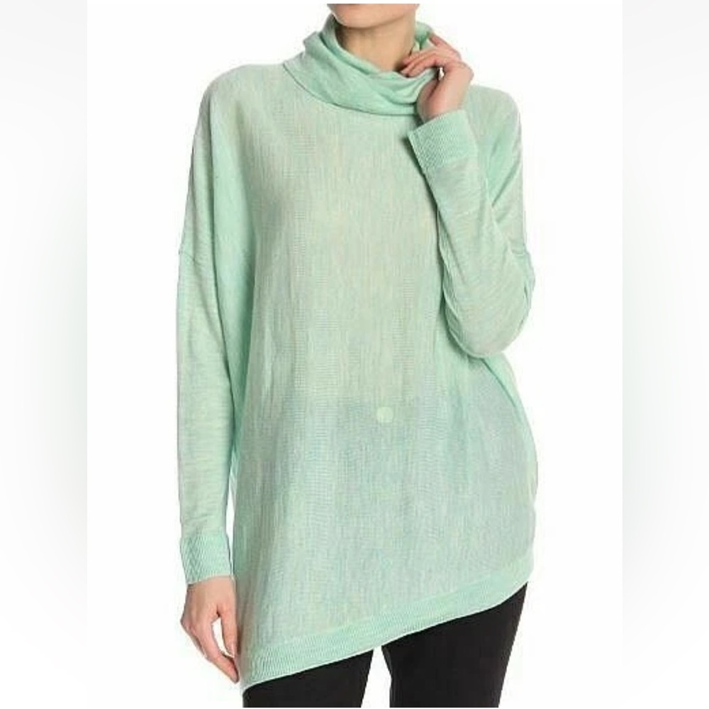 Eileen Fisher 100% Merino Wool Asymmetrical Arora Sweater XS Mint Blue EUC